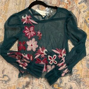 Anthropologie Layla Embroidered Floral Sheer Top - Teal and Pink